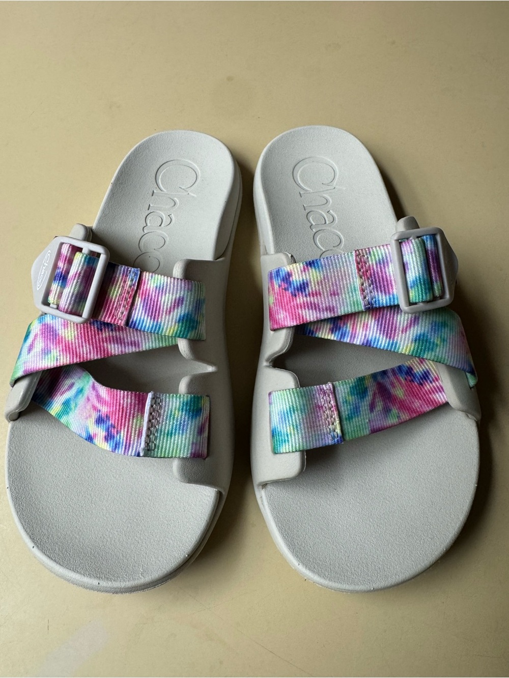 Chaco White Sandals with Multicolor Tie-Dye Straps